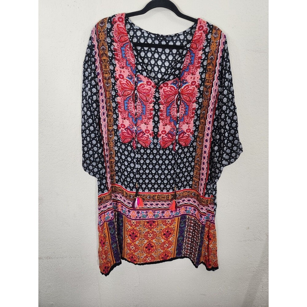 SR FASHION Womens XL Boho Tunic Dress Black Red Rayon V Neck Tassel Tie
